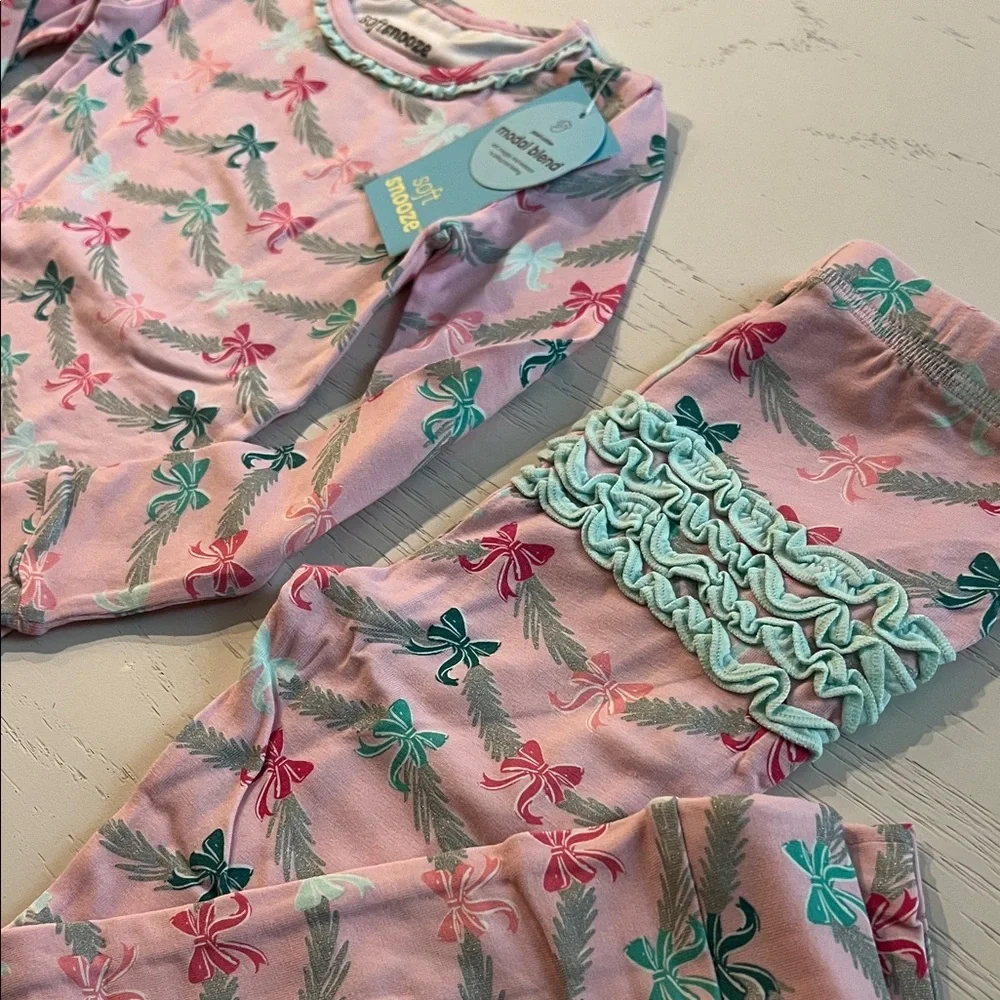 Rufflebutts Charming Pink Bow Print Kids Pajama Set 18-24 months 3T 4T